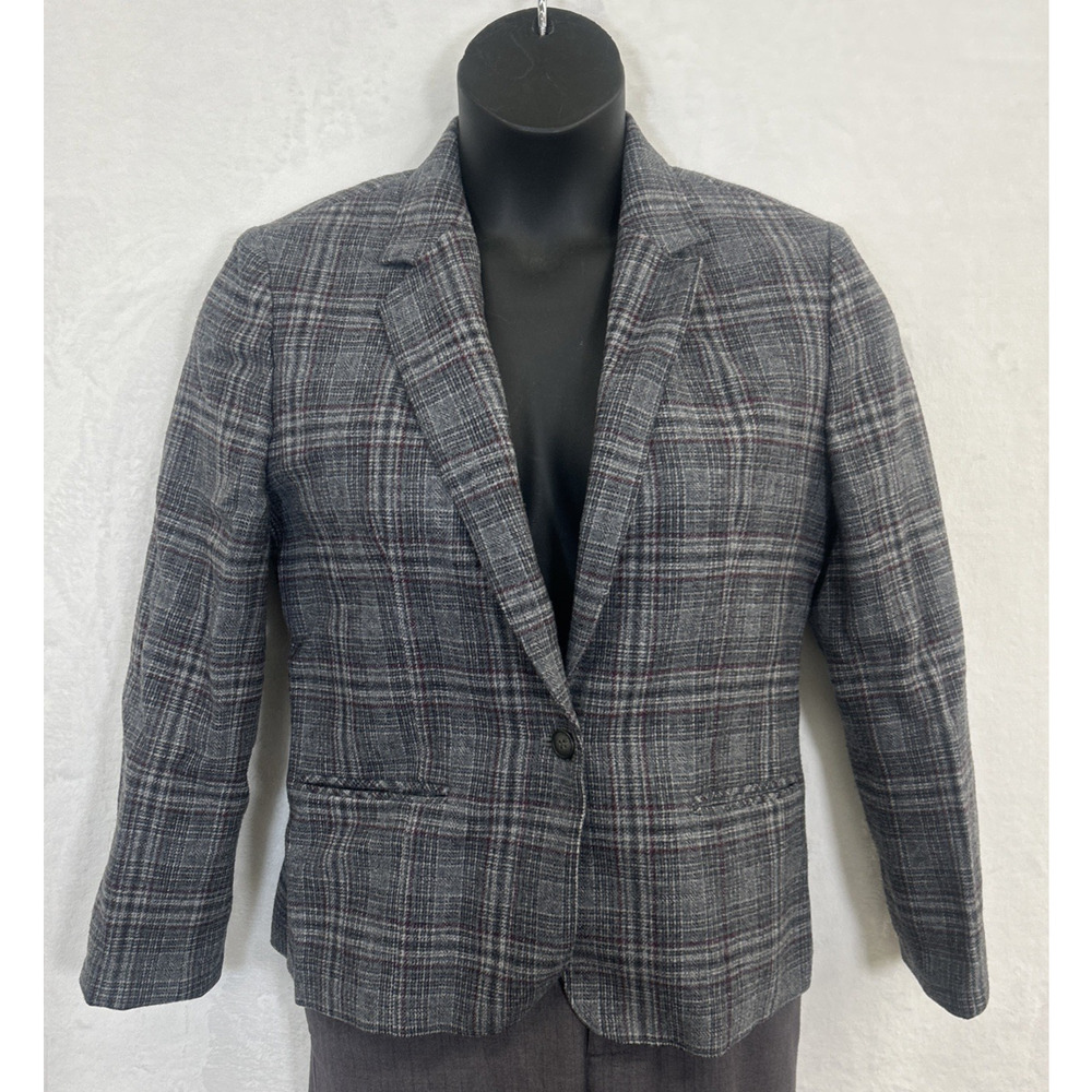 Vtg Pendleton Wool Blazer No Size Jacket Plaid Grey Burgundy One Button Charity
